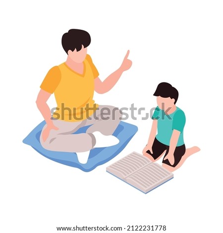 Isometric family homeschooling composition with child and parent sitting on floor with book vector illustration