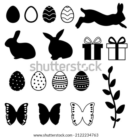 Spring Easter isolated icons set. Black elements Easter eggs, rabbits, butterflies, plants, gift boxes. Vector illustration.