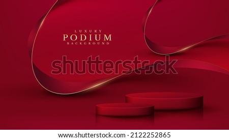 Red product podium with ribbon elements and gold lines with glitter light effect decoration.