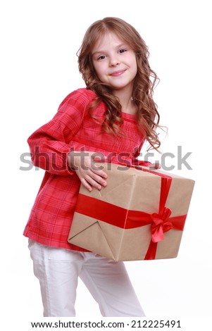Happy small girl in  with present gift/Caucasian happy child girl with gift box
