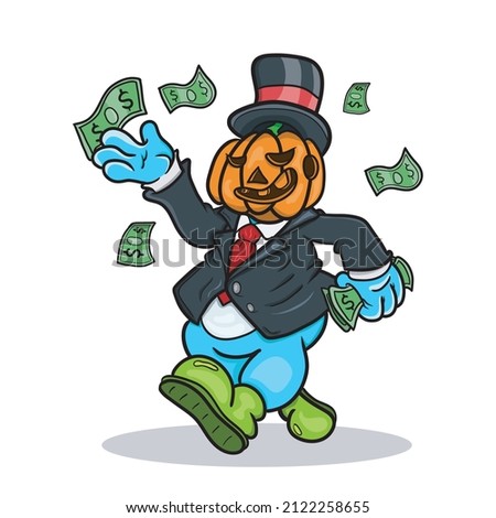 Mascot of Pumpkin Rich throwing money. Clip Art Illustration. vector and illustration