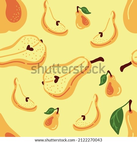 Pattern pear. Seamless pattern with pear. Good for fabric, kitchen potholders, mitts, aprons, tablecloths, coasters. Whole, half, pieces, leafs. Vector hand draw cartoon illustration.