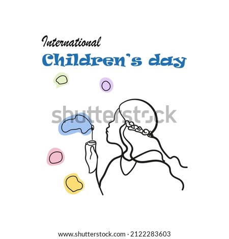 Happy children's day illustration. Cartoon little girl with rainbow bubbles isolated on white. Flat design for invitations, banners and greeting cards