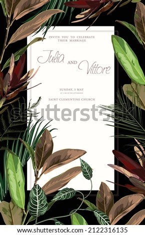 Decorative frame with tropical leaves. Exotic colorful magnolia, leucadendron card template.  Trendy design for poster or greeting card. Valentines day card.