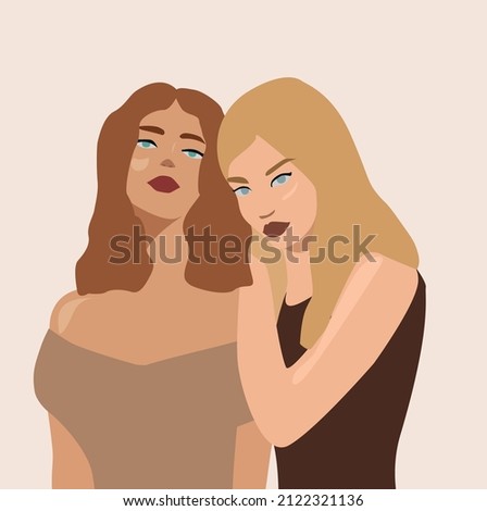 Two redhead women and blonde women stand Radom. Strong and brave girls support each other. Sisterhood and female friendship. Vector illustration. Suitable for a postcard on International Women's Day Royalty-Free Stock Photo #2122321136
