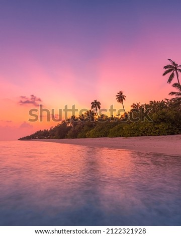Fantastic closeup view of calm sea water waves with orange sunrise sunset sunlight. Tropical island beach landscape, exotic shore coast. Summer vacation, holiday amazing nature scenic. Relax paradise Royalty-Free Stock Photo #2122321928