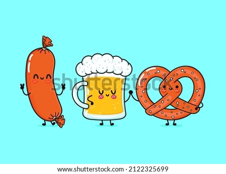 Cute funny happy glass of beer sausage pretzel.Vector hand drawn cartoon kawaii characters, illustration icon. Funny happy cartoon glass of beer sausage pretzel emoji,child,baby,face,adorable,kawaii Royalty-Free Stock Photo #2122325699