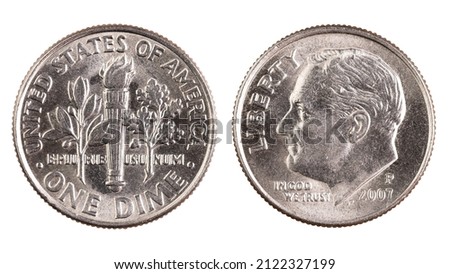 One Dime coin both sides. Money United States of America. 32nd president. American cash. Financial marketplaces. US Bank. Metallic silver circle coin. Macro photo. Isolated white background.