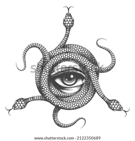 Tattoo of All Seeing Eye inside Snake Knot. Hand drawn Masonic Symbol on white background. Vector illustration. Royalty-Free Stock Photo #2122350689
