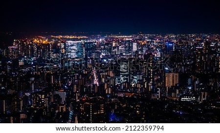Aerial view over city skyline and office business building skyscraper downtown center of Tokyo at evening in Japan. Asia tourism and modern town life at night