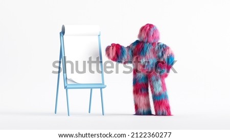 3d rendering, colorful furry cartoon character, hairy Yeti stands near the presentation easel with blank paper pages. Conference speaker concept. Education clip art isolated on white background