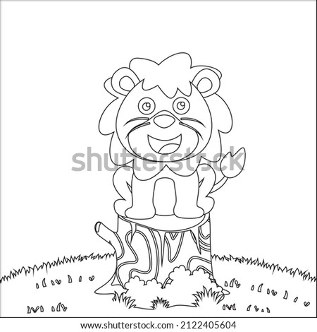 Illustration of a happy lion in a sitting position on a tree stump, Trendy children graphic with Line Art Design Hand Drawing Sketch Vector illustration For Adult And Kids Coloring book