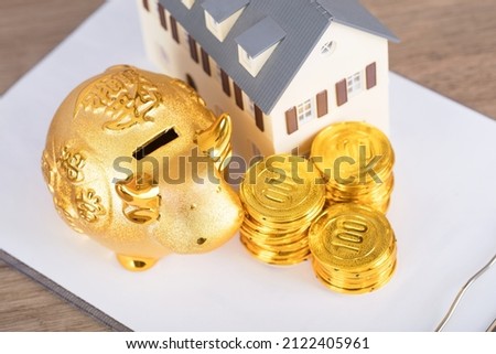 Taurus piggy bank and gold coins and house model on file.The Chinese characters in the picture mean: "to attract wealth and treasure"