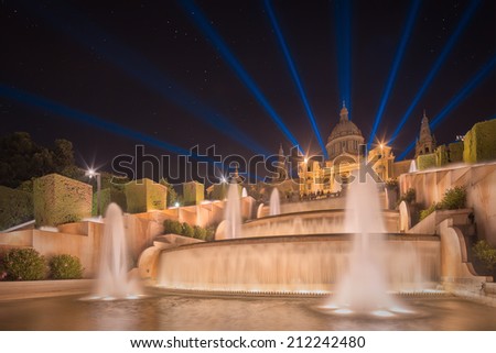 night view of Magic Fountain light show in Barcelona, Spain