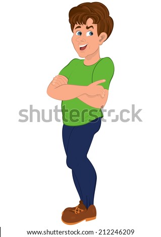 Illustration of cartoon male character isolated on white. Cartoon man in green t-shirt and blue sweat pants. 