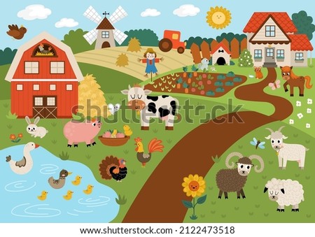 Vector farm landscape illustration. Rural village scene with animals, barn, country house. Cute spring or summer nature background with pond, meadow, garden. Detailed country field picture for kids
