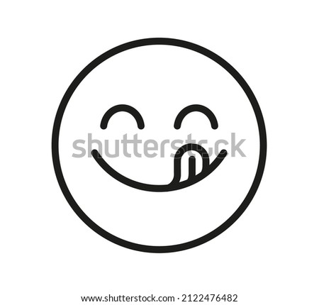 Yummy smile emoji with tongue lick mouth. Delicious tasty food symbol for social network. Yummy and hungry line icon. Savory gourmet. Enjoy food sign. Vector illustration isolated on white background. Royalty-Free Stock Photo #2122476482