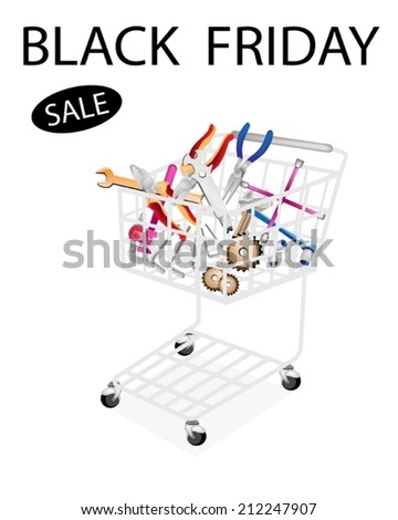 Shopping Cart Full with Various Type of Auto Service and Repair Tool Kits for Black Friday Shopping Season and Biggest Discount Promotion in A Year. 