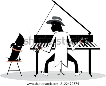 Pianist, piano and a howling dog illustration.
African pianist plays piano and the dog howls isolated on white background
