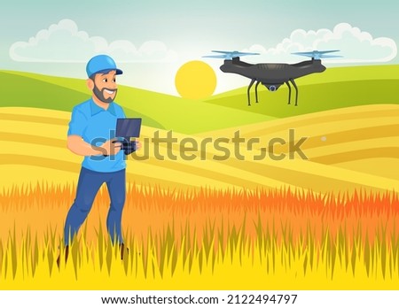 Man controls quadcopter distantly, wireless drone controller. Agricultural innovation, smart agronomy technology. Royalty-Free Stock Photo #2122494797