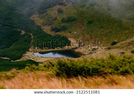 Overcast autumn Carpathians, picturesque mountain landscapes, Carpathian Ukrainian National Park, mountain meadows and a lake.