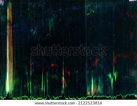 Old film overlay. Color glitch noise. Distressed surface. Weathered effect mask. Neon green red artifacts dust scratches dirt stains on dark black abstract grunge background. Royalty-Free Stock Photo #2122523816