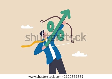 Interest rate hike due to inflation percentage rising up, FED, federal reserve or central bank monetary policy, economics or loan concept, businessman archery percentage arrow high up into the sky. Royalty-Free Stock Photo #2122531559