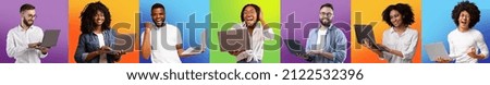 Great Website. Portraits Of Excited Multiethnic People With Laptops Over Colorful Backgrounds, Set Of Happy Millennials With Computers Posing On Bright Backdrops, Creative Collage, Panorama