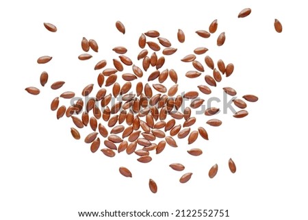 Group of flax seeds isolated on white background, top view. Flaxseed isolated on white background, top view. Dry flax seeds isolated on white background, top view. Royalty-Free Stock Photo #2122552751