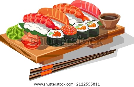 Sushi set of rolls, ebi, sake, red fish nigiri and shrimp, with wasabi, ginger, soy sauce, on a black plate with chopsticks, traditional Japanese cuisine, vector image isolated on white background Royalty-Free Stock Photo #2122555811