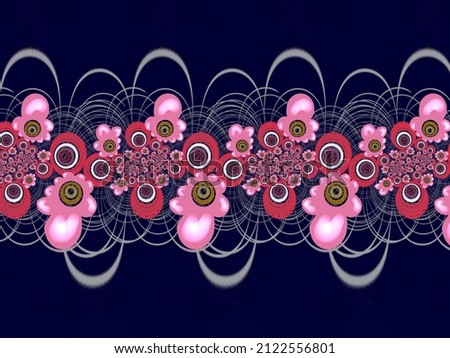 A 3d hand drawing pattern made of white red and pink flowers on a dark background