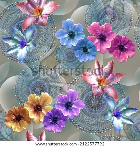 Digital flowers all over with geometrical abstract design Royalty-Free Stock Photo #2122577792