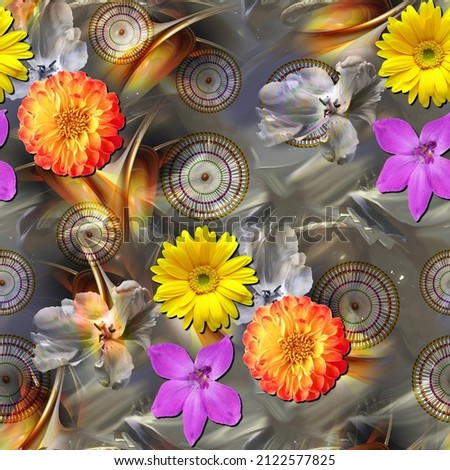 Digital flowers all over with geometrical abstract design Royalty-Free Stock Photo #2122577825