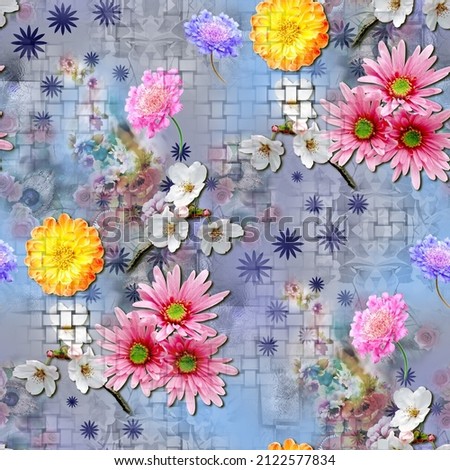 Digital flowers all over with geometrical abstract design Royalty-Free Stock Photo #2122577834