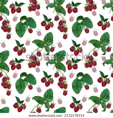 Seamless pattern with raspberry berry and green leaves hand-painted in watercolor on a white background. Suitable for design, textiles, scrapbooking.
