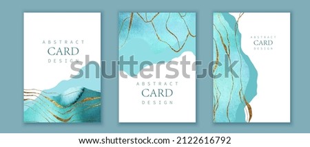 Set of vertical backgrounds. Blue, turquoise watercolor fluid painting vector design. Dusty pastel, neutral and golden marble. Abstract sea, montains, landscape art with golden lines. Royalty-Free Stock Photo #2122616792