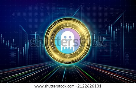 Cryptocurrencies Tron with growth chart. International stock exchange. Block chain electronic crypto currency modern online technology. Coin gold on futuristic city neon dark background. 3D Vector.