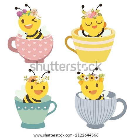 The character of cute bee wear a flower crown in cup and flat vector style. Illustration about dog and floral or flower crown.
