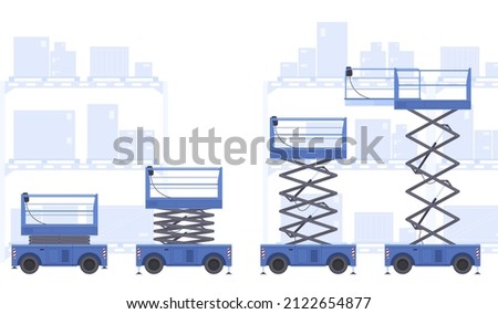Collection various mechanical lifts scissors platform with basket for industrial working at warehouse vector flat illustration. Set steps stages of transportation for cargo delivery and staff support