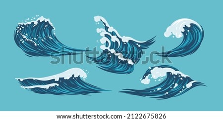 Sea wave,ocean vector flat design illustration.Isolated water splash set.Graphic elements resource.