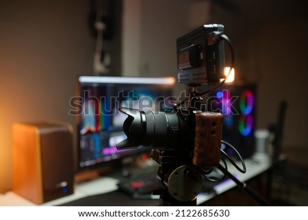 Camera equipment filmmaking gear for blogger content creator  Royalty-Free Stock Photo #2122685630
