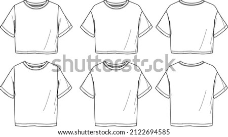 Vector short sleeved T-Shirt fashion CAD, woman round neck dropped shoulder top technical drawing, template, flat, sketch. Jersey or woven fabric 2 pieces set tshirt with front, back view, white color Royalty-Free Stock Photo #2122694585