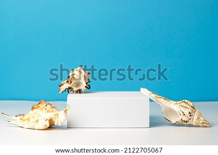 White podium on a blue background with seashells. Pedestal, base, for products and cosmetics. Nautical and summer concept