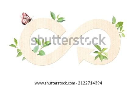 Green leaves and circular economy symbol from paper. Sustainable development of strategy approach to zero waste, responsible consumption, pollution. Reuse and renewable resources. Eco-friendly concept Royalty-Free Stock Photo #2122714394