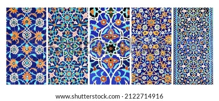 Set of vertical or horizontal banners with detail of ancient mosaic walls with floral and geometric ornaments. Collection of backgrounds with traditional iranian tile decorations Royalty-Free Stock Photo #2122714916