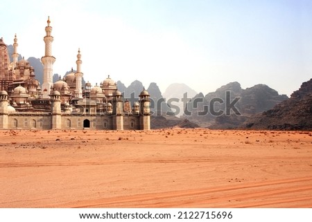 A fabulous lost city in the desert. Fantastic oriental town in the sands. Fantasy landscape with rocky mountains and fairytale city Royalty-Free Stock Photo #2122715696