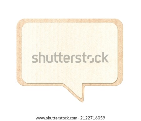 Empty comic speech bubble from recycled carton material. Sustainable development of strategy approach to zero waste, responsible consumption. Eco-friendly concept. Isolated on white background Royalty-Free Stock Photo #2122716059