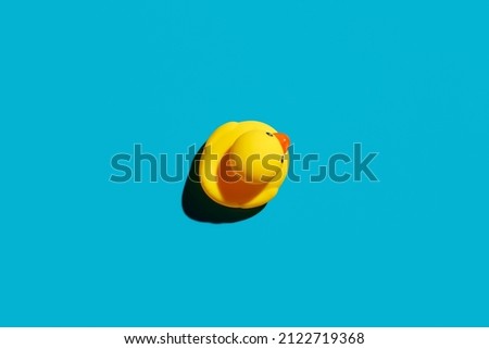 Yellow rubber duck on blue background. Top view with copy space.