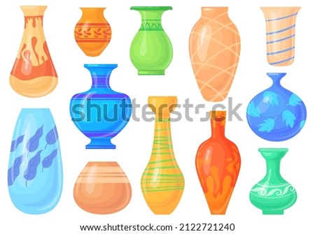 Colored pottery vases. Cartoon ceramic vase, porcelain vessel for flowers, chinese asian object, old clay tall floral pot, decor glass colorful jug, vector illustration. Vase pottery for decoration Royalty-Free Stock Photo #2122721240