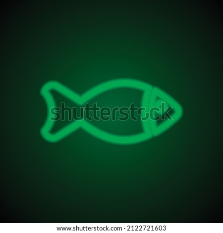 Fish simple icon. Flat desing. Green neon on black background with green light.ai